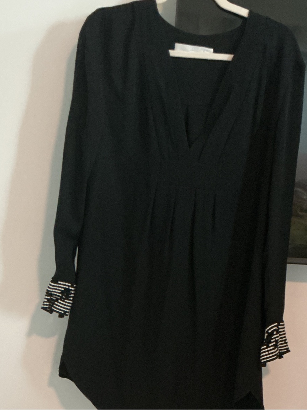 Thakoon Black Long-Sleeve V-Neck Dress with Embroidered Cuffs